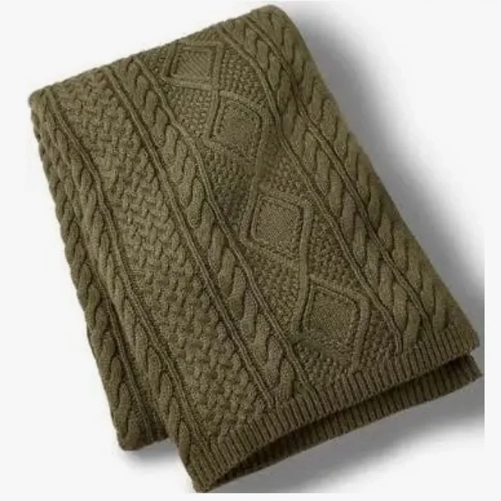 Ralph Lauren Henwick Green Cotton Cable Knit Throw Blanket Sz 54x72 NWT